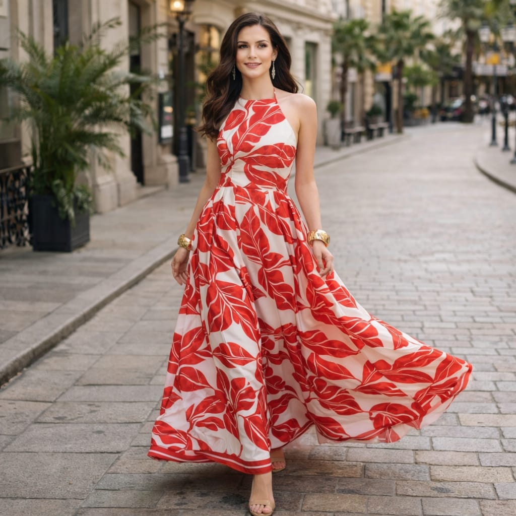 Modelo con vestido floral de la colección Lisa Tejada